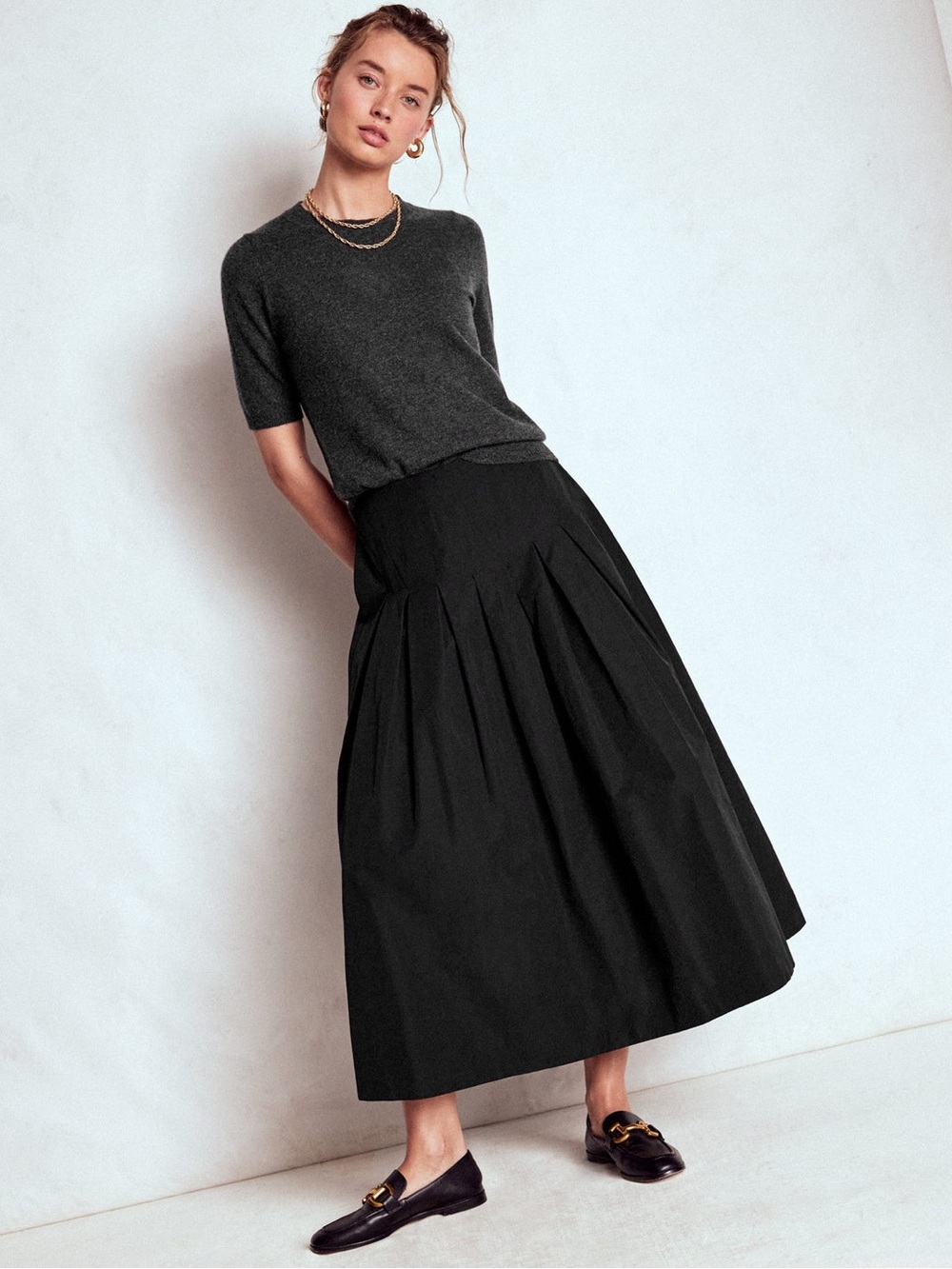 Biden Black Structured Pleat Midi Skirt